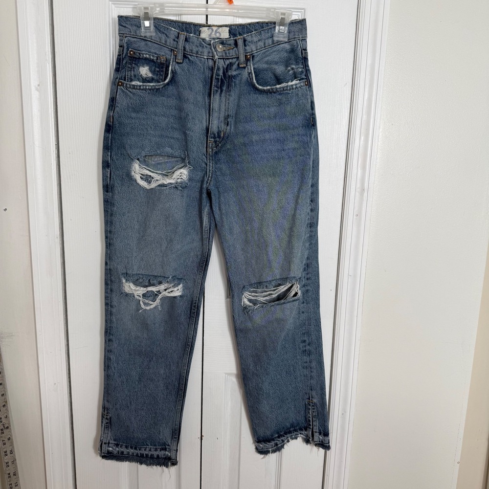 We The Free Free People Jeans 26 Blue Distressed High Rise Straight Leg Y2K Boho